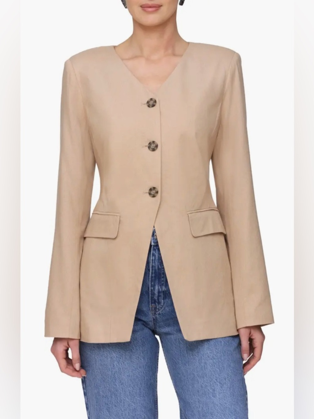bagatelle Beige Notch‑V Button Front Blazer